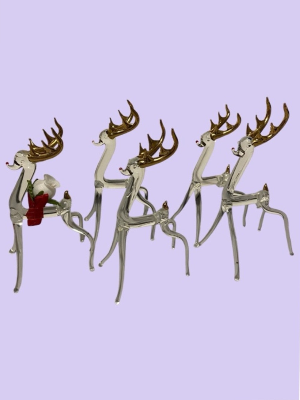 Vintage Reindeer 22 K Gold Overlay Hand Blown Glass Reindeer 5 Piece Set Clear